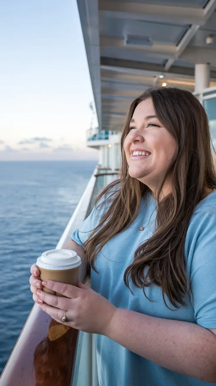 A photo of a plus-sized lady with long brown hair. She is happy. She is watching the sunrise from a balcony with a coffee. She is on a cruise ship. The background contains the ocean and the sky.