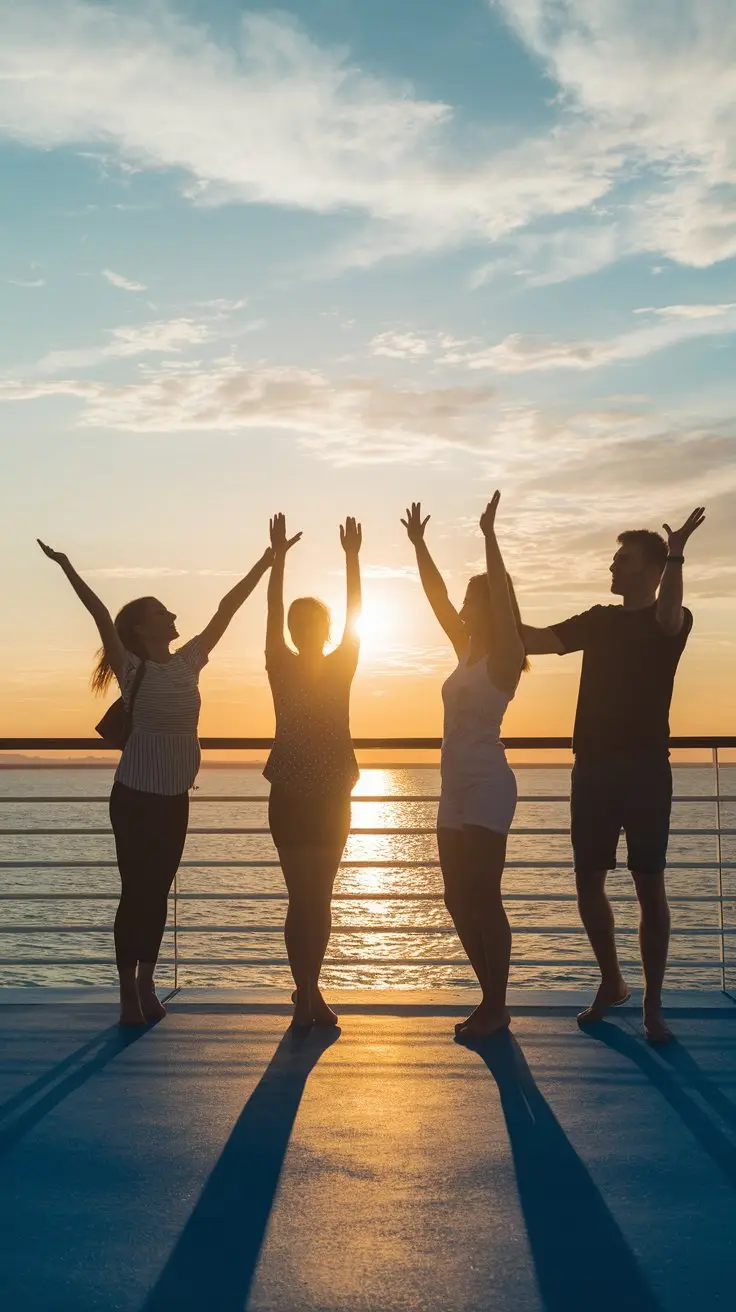 Sunset Silhouette of a happy Group – at the cruise deck railings with the golden glow of the sunset behind.