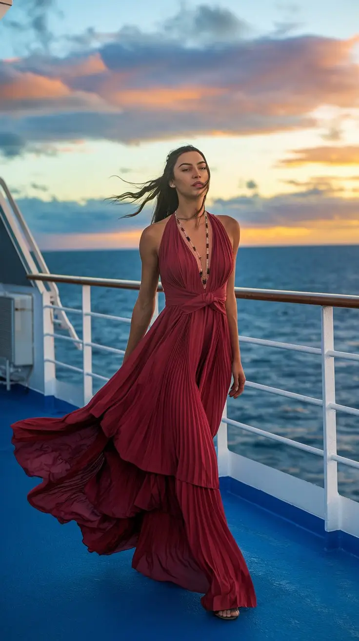 A cinematic shot of a woman walking along the deck of a cruise ship during sunset. She is wearing a flowing dress that catches the wind, creating ripples in the fabric. The dress is a vibrant red, contrasting with the blue sky and the ship. The woman has her hair down and is wearing a necklace. The background reveals the vast ocean and the ship's railing. The sky has a mix of orange and blue hues, typical of a sunset.
