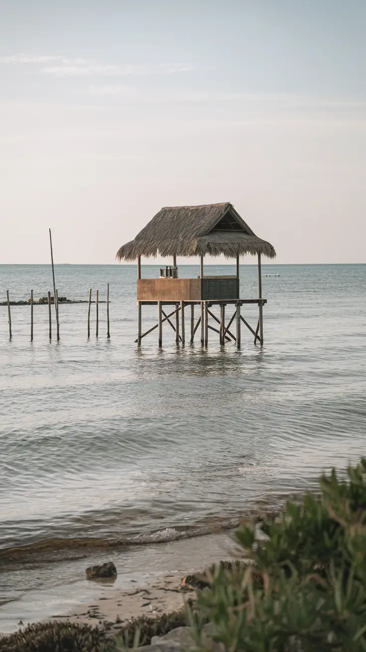 While the bar is a spectacle itself, the shore view of this thatched oasis floating offshore is stunning and highly photogenic.