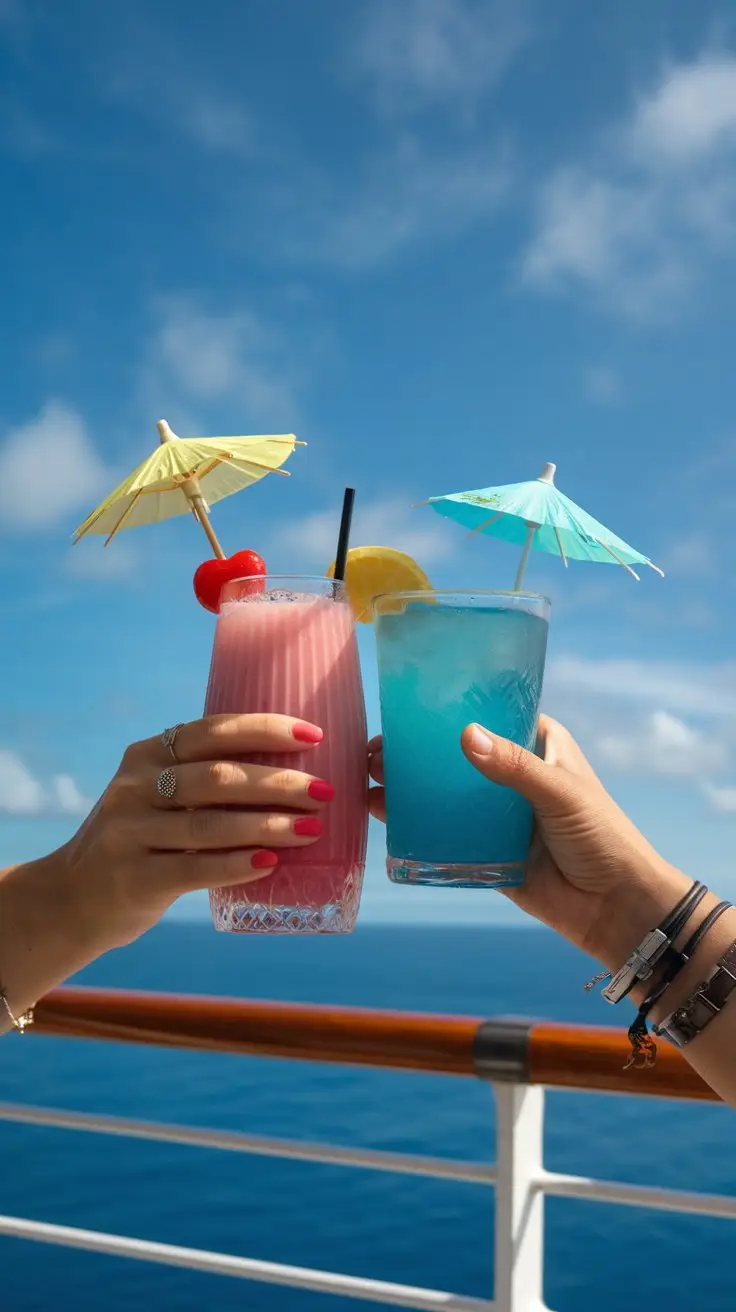 A photo of two hands holding up different cocktails with little umbrellas on a cruise ship. There is a pink drink with a cherry on top and a blue drink with a tiny umbrella. The background is a blue sky.