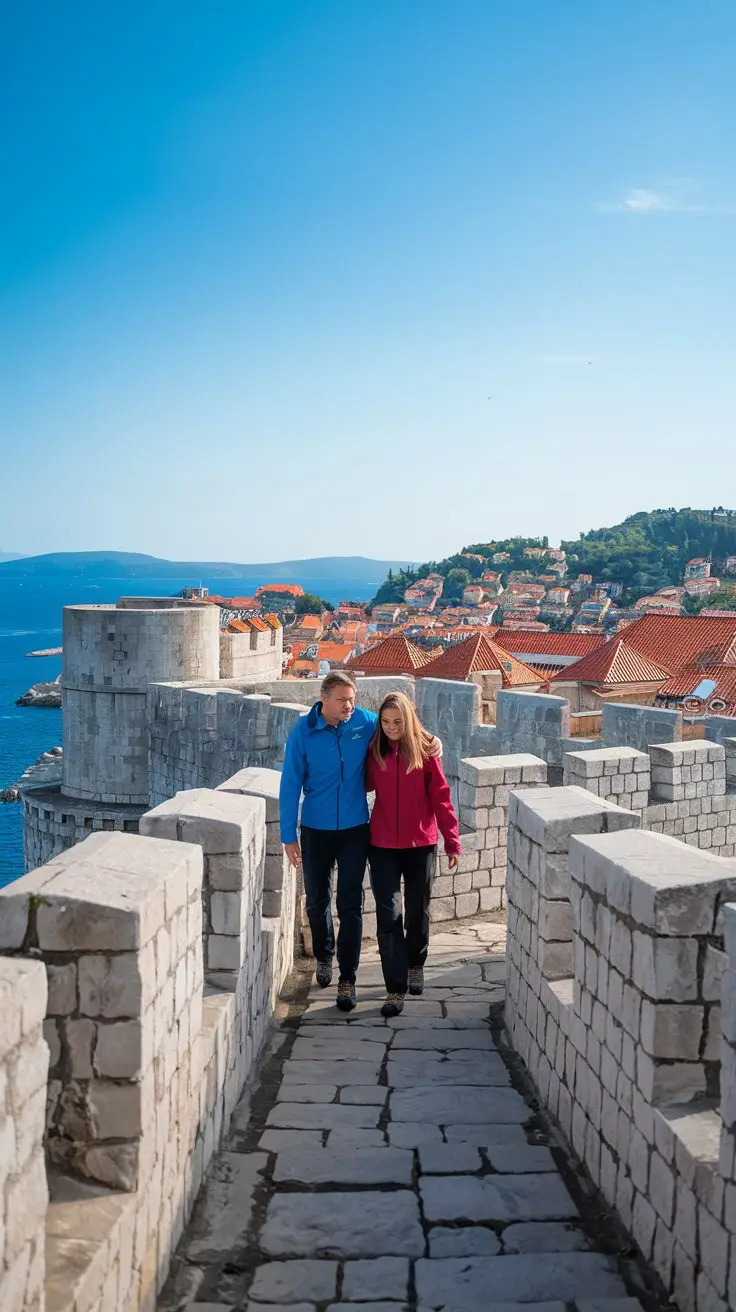 A photo of a couple walking the fortress walls of Dubrovnik, Croatia. The man is wearing a blue jacket and the woman is wearing a red jacket. They are both wearing hiking shoes. The background reveals the ancient city of Dubrovnik with its orange roofs. The walls are made of stone and have a pattern of squares. The sky is clear and blue.