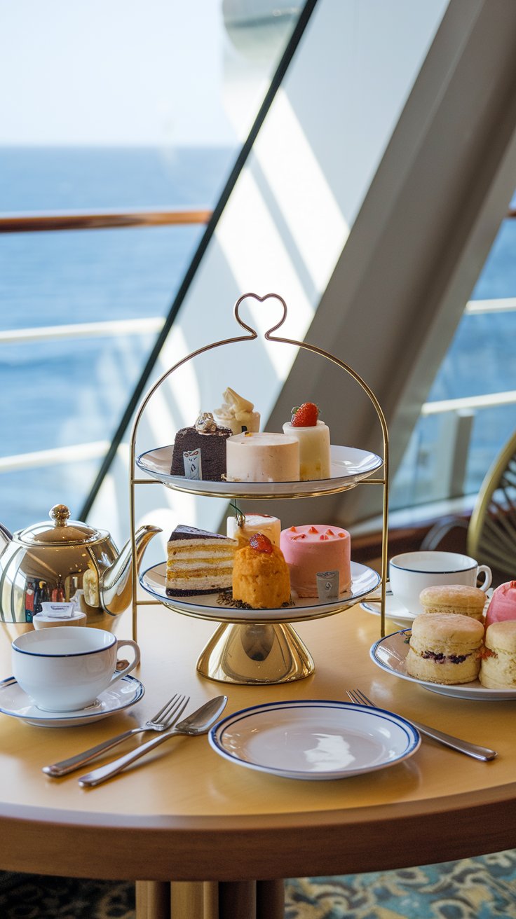 A photo of a cruise ship's afternoon tea service. There's a cake stand in the middle of the table, filled with various cakes. To the left of the cake stand, there's a teapot and a few cups. To the right of the cake stand, there's a plate with scones. There are also small plates and forks near the edge of the table. The background reveals a large window with a view of the sea.