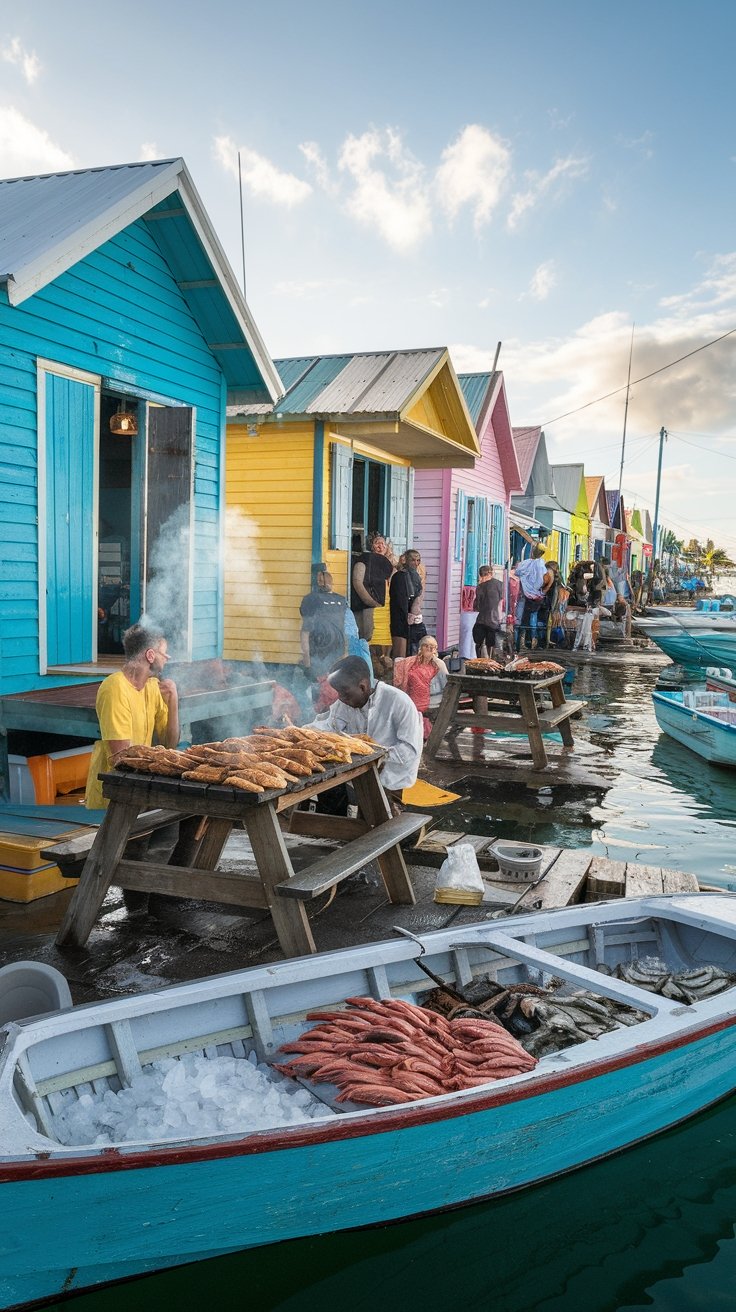 Colorful food shacks at Arawak Cay Fish Fry in Nassau with locals and cruise visitors enjoying fresh seafood