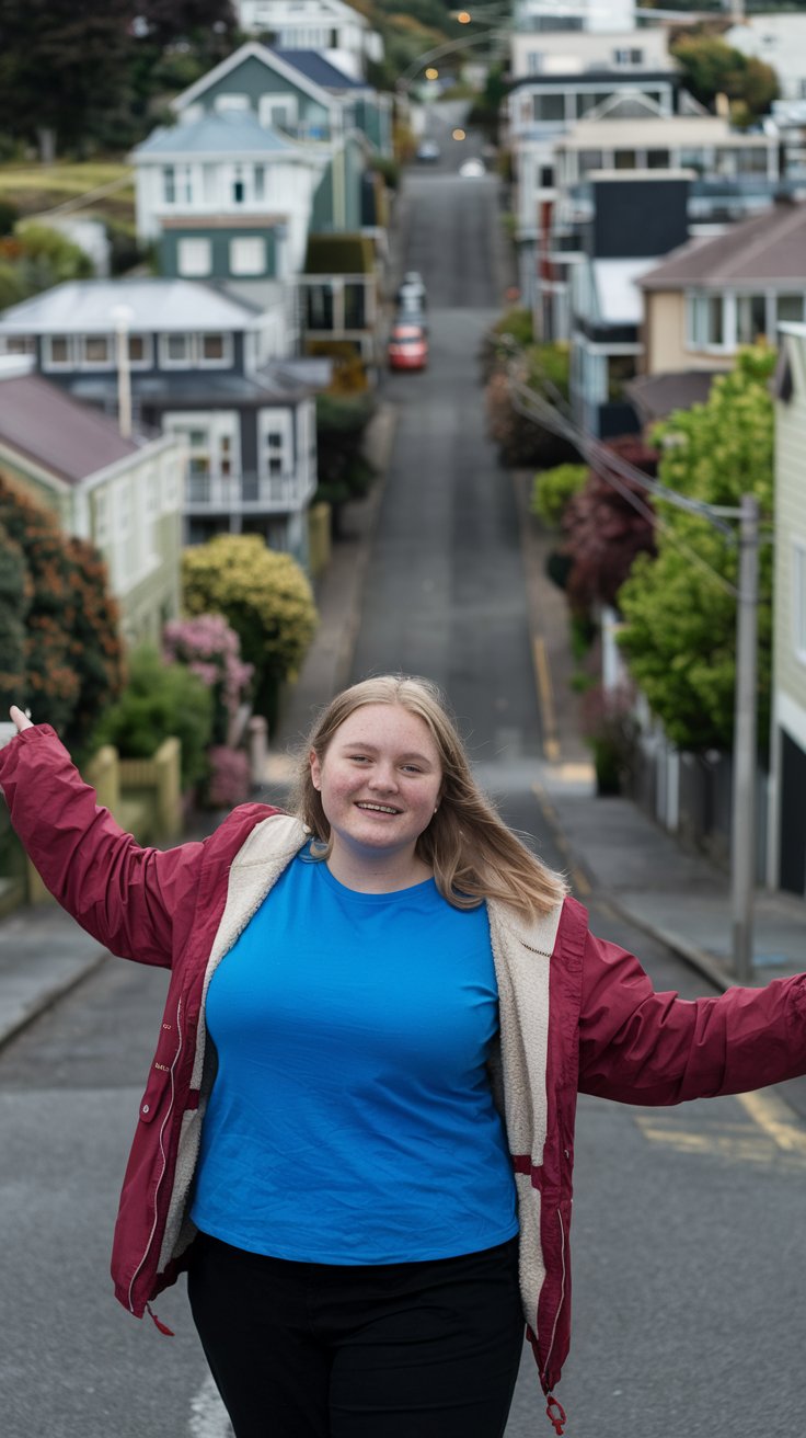 A photo of a plus size young woman standing on the world's steepest street in Dunedin, New Zealand. She is wearing a blue shirt and a red jacket. She is smiling and has her arms outstretched. The background contains houses with multiple levels. The street is lined with trees.