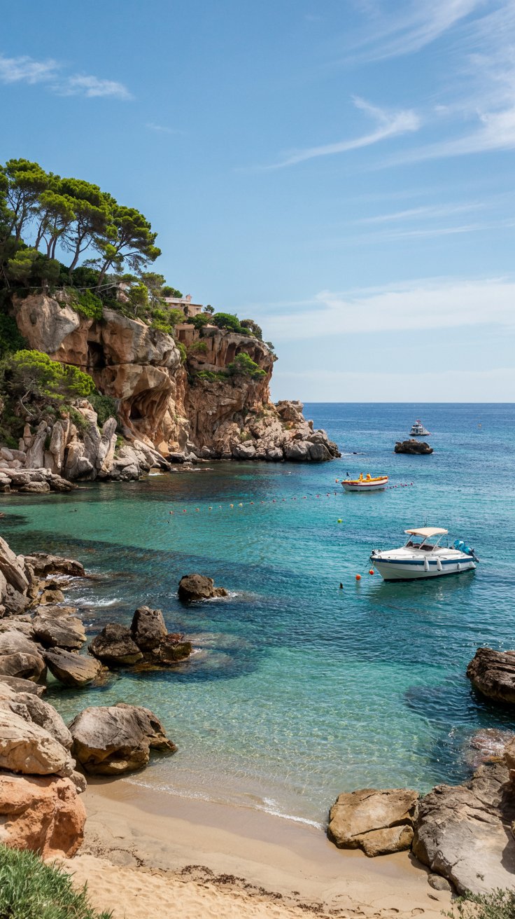A photo of Cala Morisca beach in Barcelona on a sunny day. The beach is surrounded by rocks and has crystal clear water. The sky is clear and blue. There are a few boats near the shore. The water is calm.