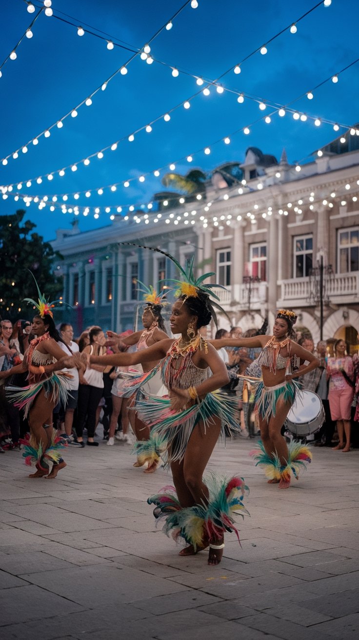 Live Junkanoo performers with colorful costumes and drums at Pompey Square Nassau