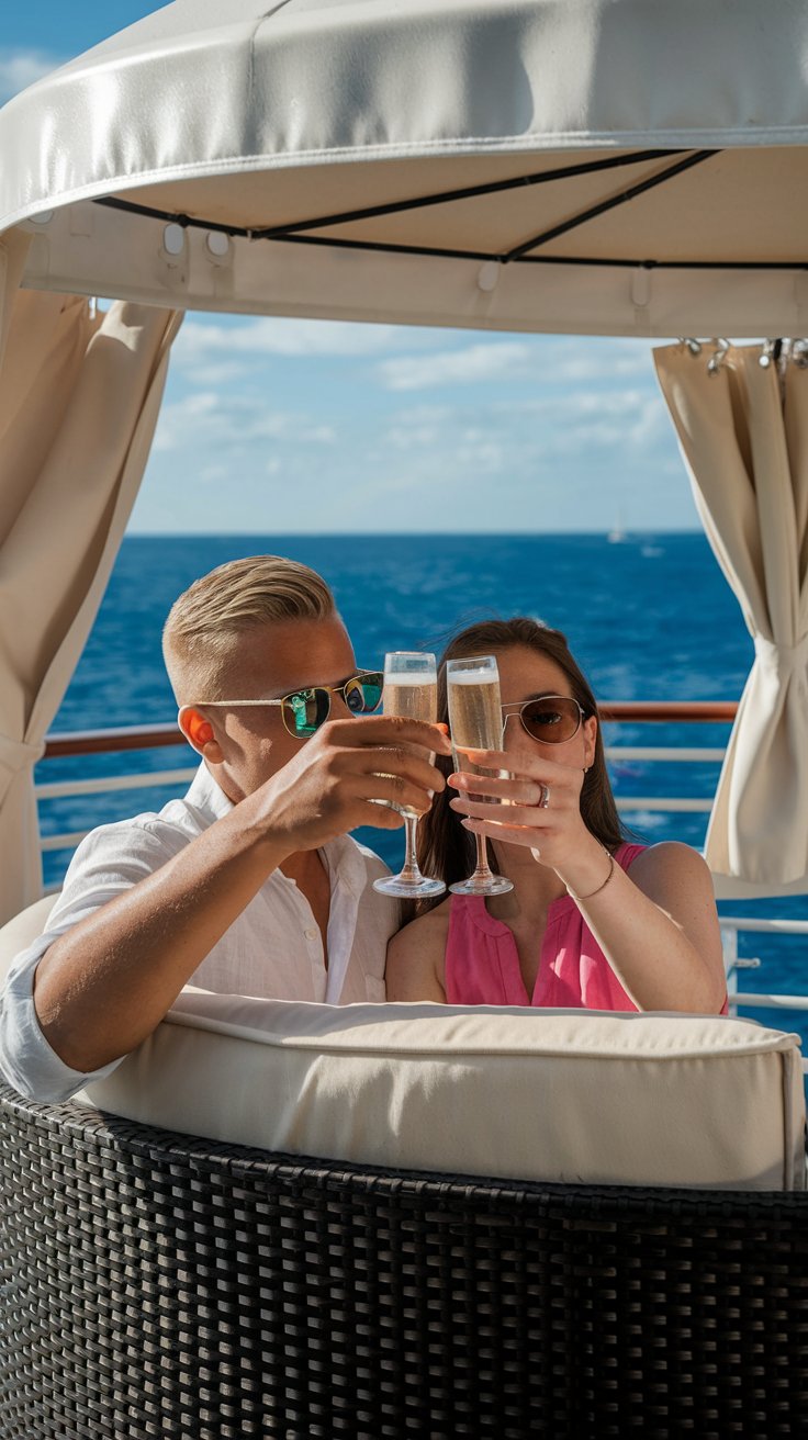 A photo of a close-up shot of a couple in a cabana on a cruise ship. The man is wearing sunglasses and a white shirt, while the woman is wearing sunglasses and a pink top. They are holding up a glass of bubbly. The background reveals the ocean and a sunny day.
