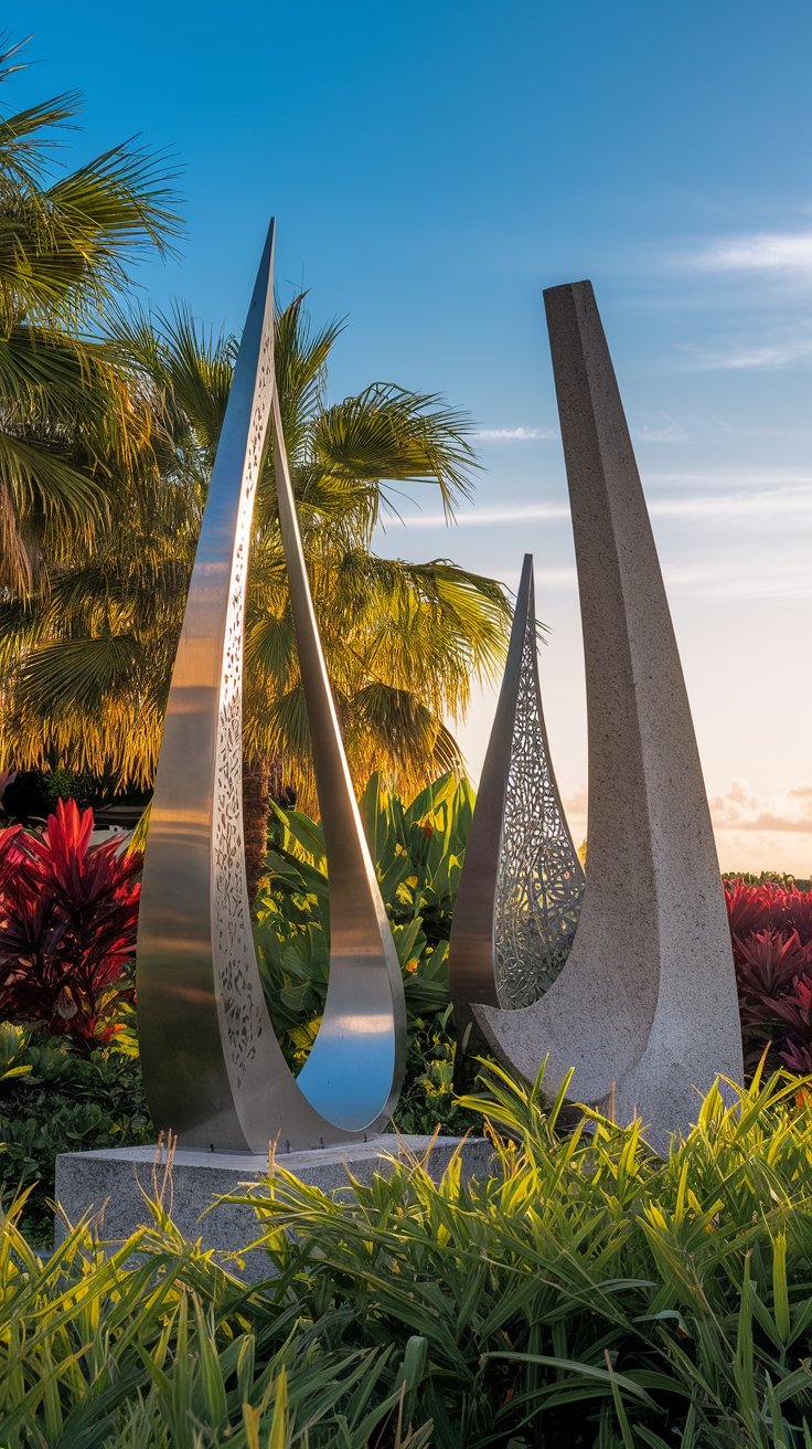 Outdoor sculpture garden with tropical plants at National Art Gallery of The Bahamas in Nassau