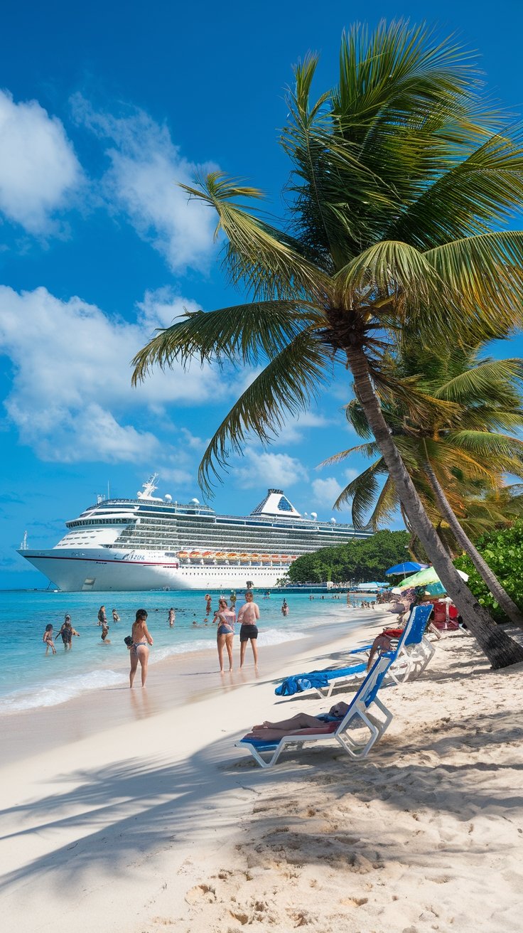 Crystal clear turquoise waters and white sand at Junkanoo Beach with cruise ships visible in distance