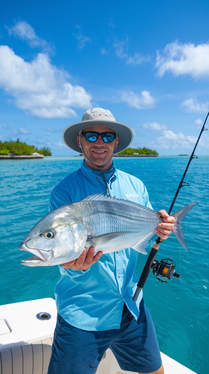 A photo of a man deep sea fishing on a boat in Nassau on a sunny day. The man is wearing a hat, sunglasses, and a blue shirt. He is holding a fishing rod. The background contains clear blue water, islands, and a blue sky with a few clouds.