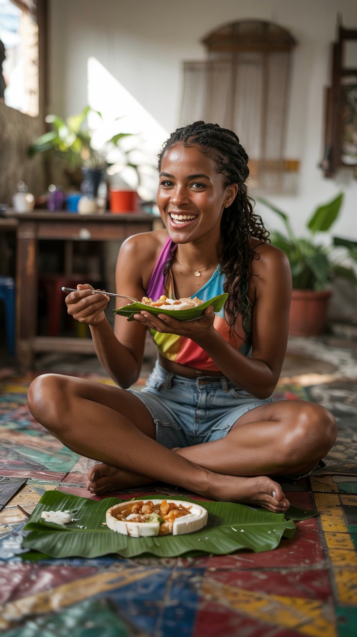 A candid portrait photograph of a young Jamaican woman sitting cross-legged on a vibrant, colorful floor, eating from a large banana leaf. She wears casual, light-colored shorts and a bright, flowy top, with her hair loosely tied back, highlighting her warm, inviting smile and the joy in her eyes. The background features a simple, traditional Jamaican setting with a wooden table and a few potted plants, creating a warm and authentic atmosphere. The lighting is natural and soft, casting a gentle glow that enhances the colors and textures of the scene.