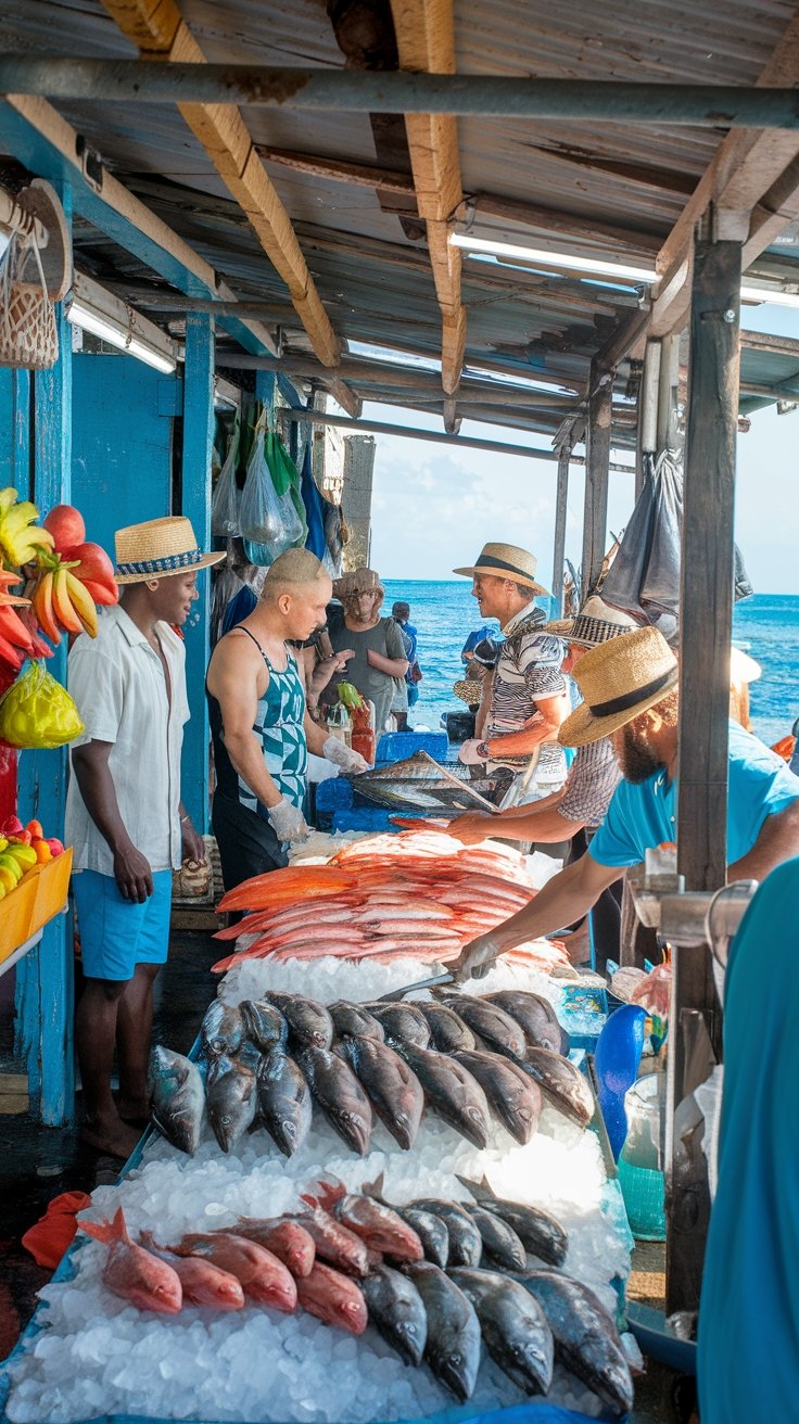 Fishermen cleaning fresh catches at the vibrant Nassau Fish Market with colorful boats