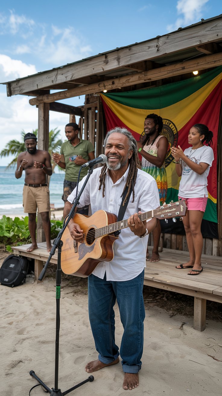 A photograph of a group of locals enjoying a live reggae session at a beachside shack in Jamaica on a sunny day. The main focus is a middle-aged man with dreadlocks, playing a wooden acoustic guitar and singing into a microphone, his face lit up with joy. Behind him, a vibrant stage backdrop features a colorful Rastafarian flag, and the audience includes a mix of locals and visitors, some dancing and others clapping along. The beach is visible in the background, with palm trees swaying in the breeze and the turquoise sea shimmering under the bright sun.
