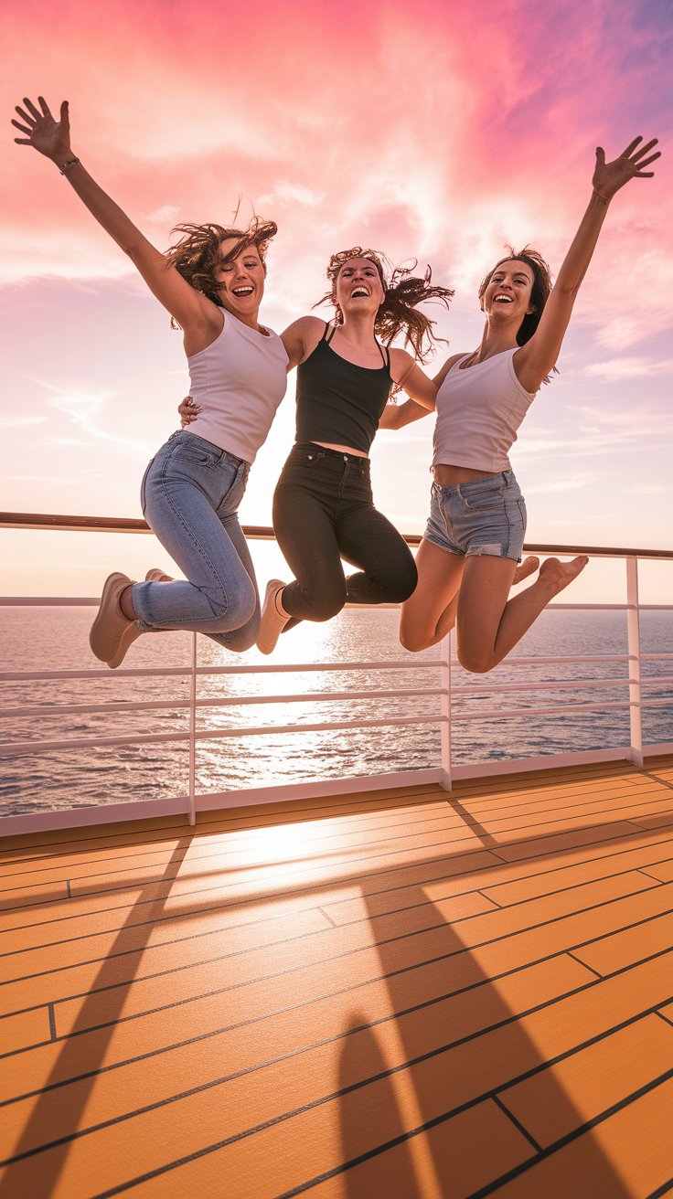 A close-up photograph captures three joyous friends leaping into the air on the vibrant deck of a luxurious cruise ship. Their laughter-filled faces are illuminated by the warm, golden glow of the setting sun, casting long shadows across the polished wooden planks. The sparkling ocean stretches endlessly behind them, reflecting hues of pink and orange, creating a breathtaking backdrop for their moment of pure happiness.