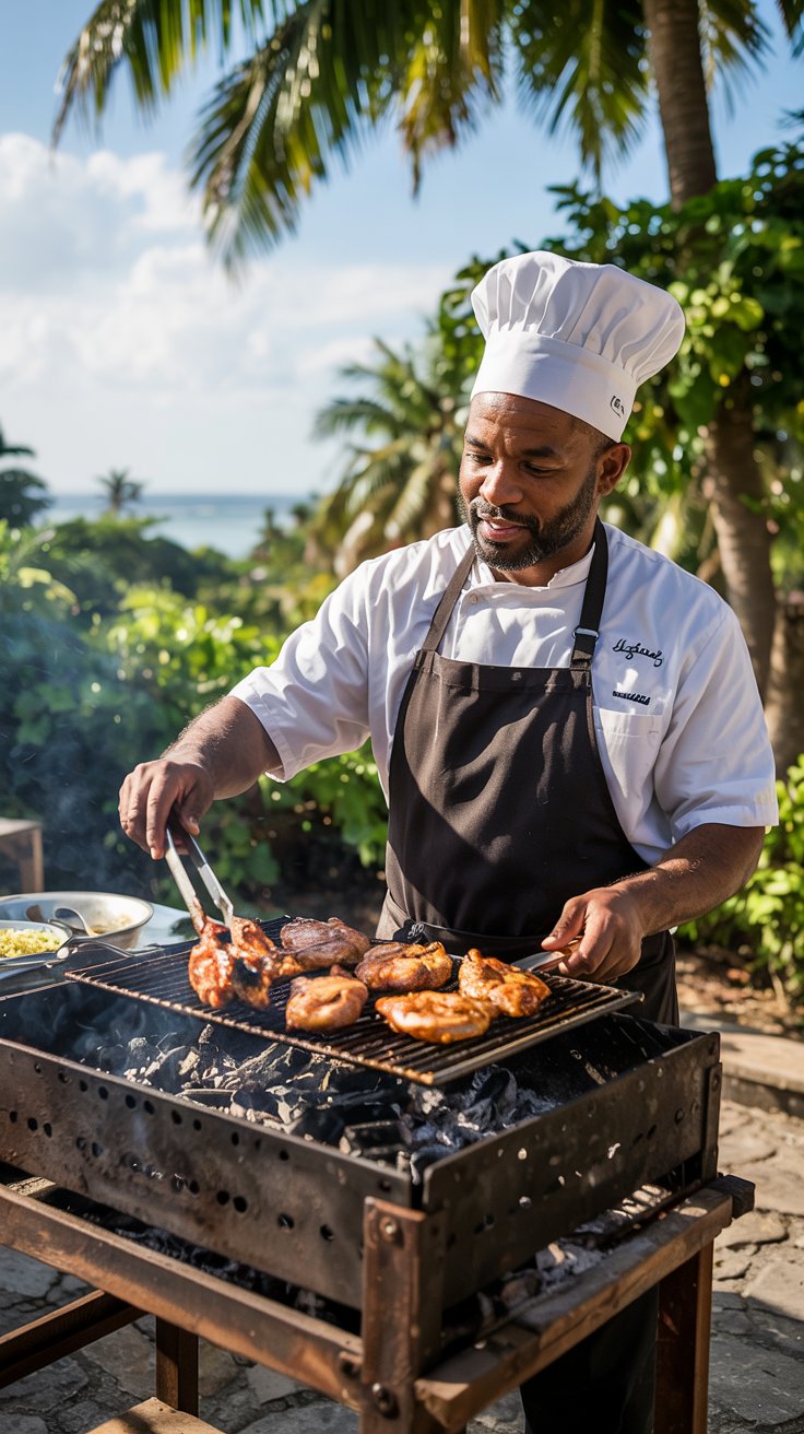 A photograph of a jerk cooking lesson at Scotchies in Jamaica on a sunny day. A middle-aged man with a white chef's hat and apron is demonstrating how to prepare jerk chicken over a wooden grill. The grill is filled with smoldering charcoal, and the man holds a pair of tongs, flipping a skewer of marinated chicken. Behind him, vibrant green foliage and a clear blue sky create a tropical backdrop, with sunlight casting a warm, natural glow over the scene.
