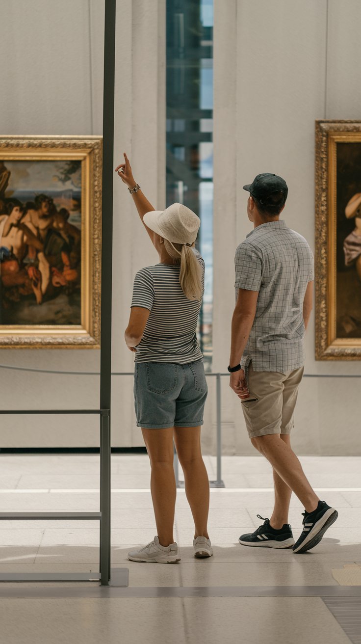 A photo of a lady and a man in shorts and walking shoes inside the National Art Gallery in Nassau. The lady has her hand raised and is pointing towards a painting. The background is a sunny day.