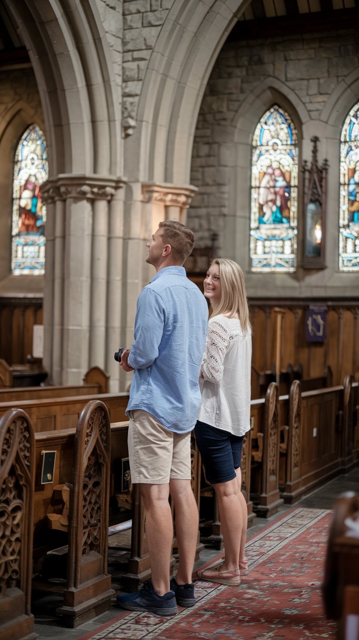 A photo of a lady and a man in shorts standing inside Christ Church Cathedral in Nassau. The man is wearing a blue shirt and the lady is wearing a white blouse. The cathedral has stone walls, wooden pews, and stained glass windows. The couple is looking around, with the lady holding a camera. The floor is covered in a patterned rug.