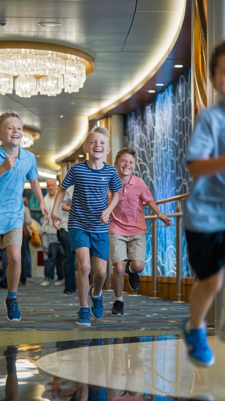 A photo of a close-up shot of kids laughing and running in a cruise ship hallway. The background contains the cruise ship's decor, including a chandelier and wall art. The floor is shiny, reflecting the lighting and decor.