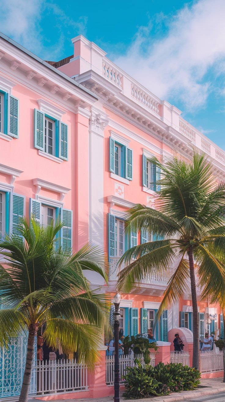 Pink colonial architecture of Parliament Square buildings with Bahamian flag flying in Nassau