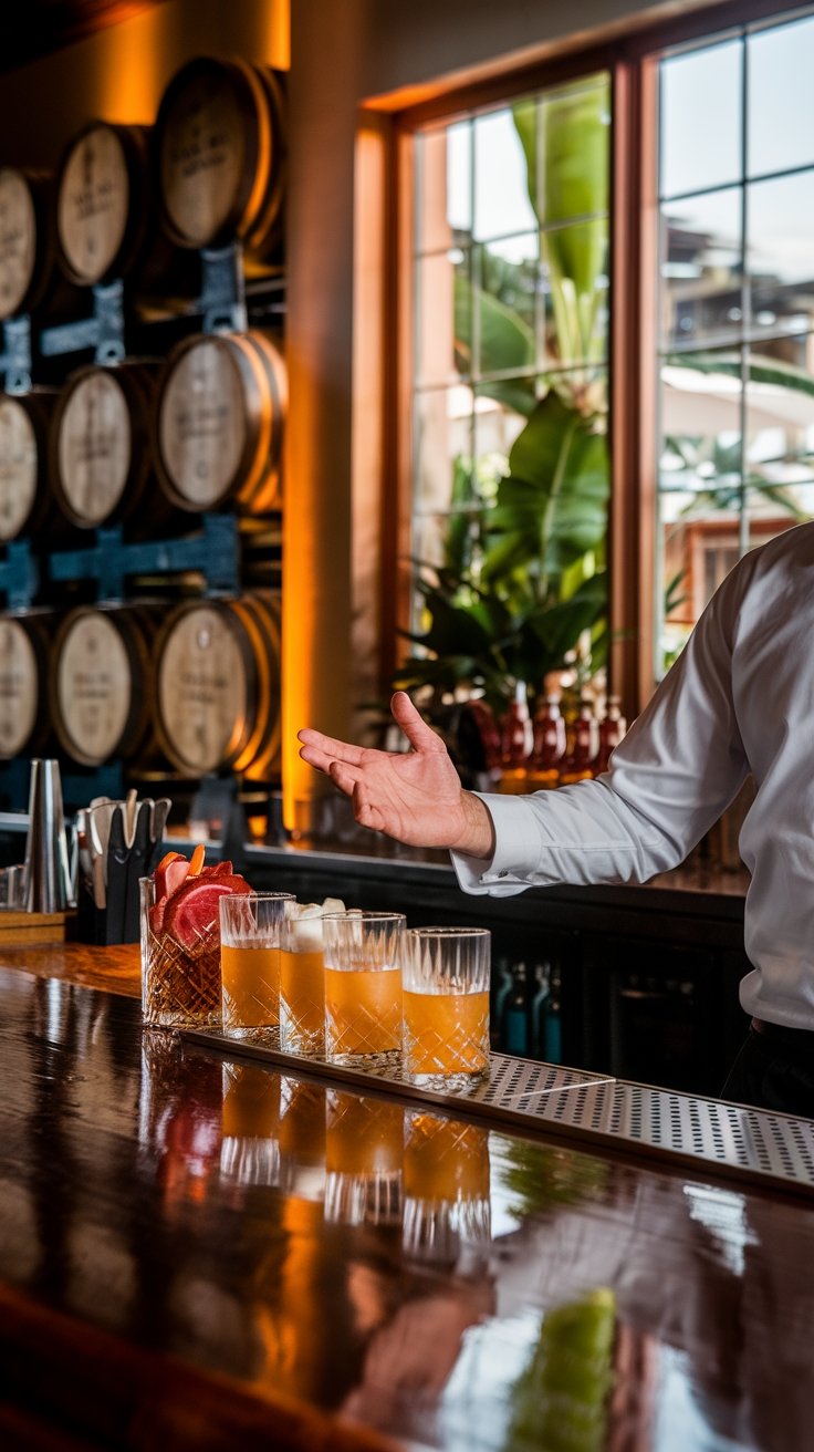 Rum barrels and tasting glasses at John Watling's historic distillery in colonial Nassau building