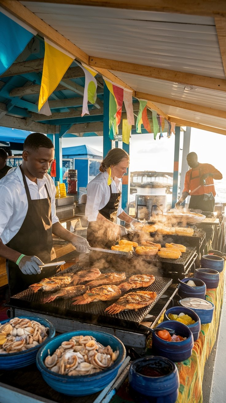 Cruise passengers on a guided Nassau food tour sampling authentic Bahamian cuisine near the port