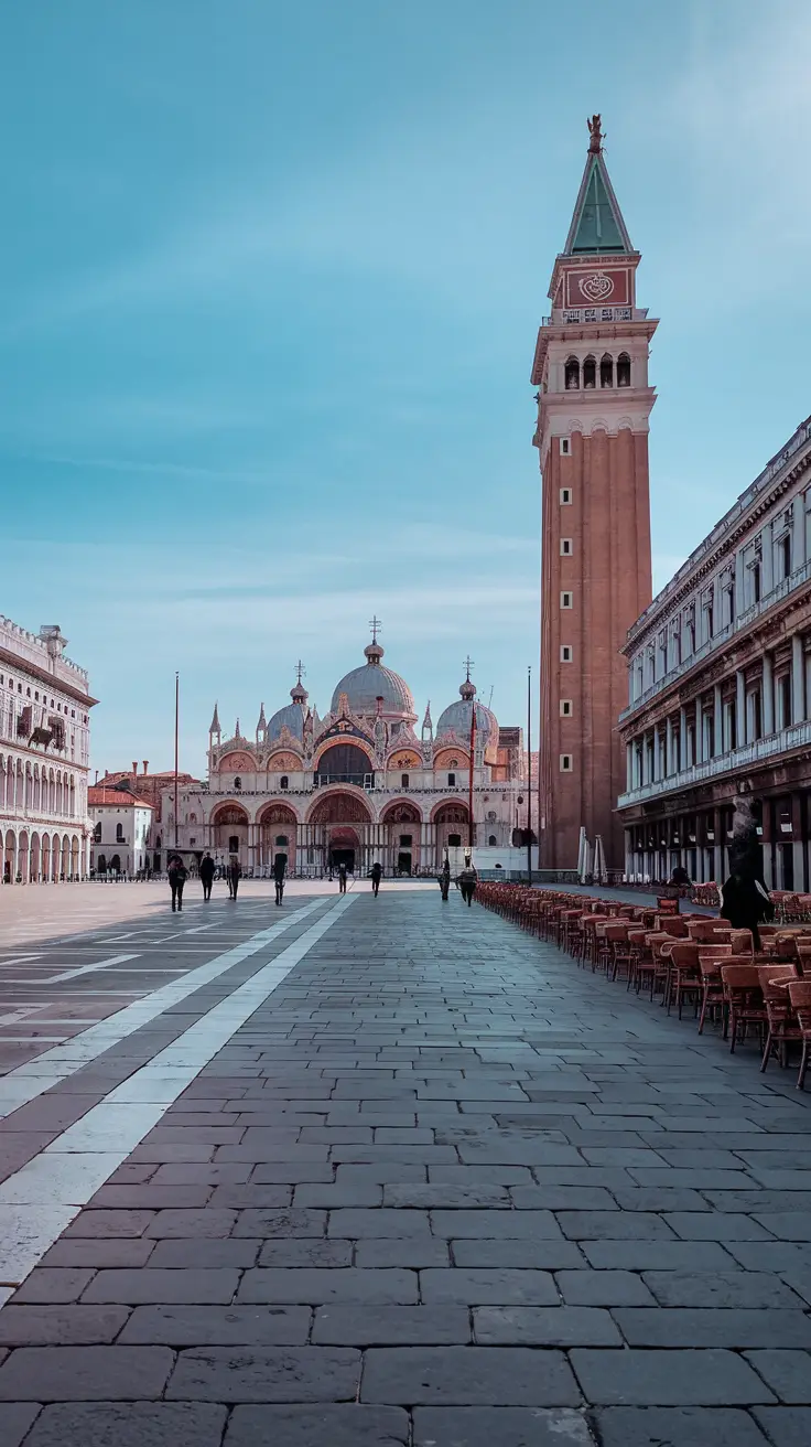 Piazza San Marco is serene and nearly empty early in the morning, offering peaceful moments and golden photo opportunities before the crowds arrive.
