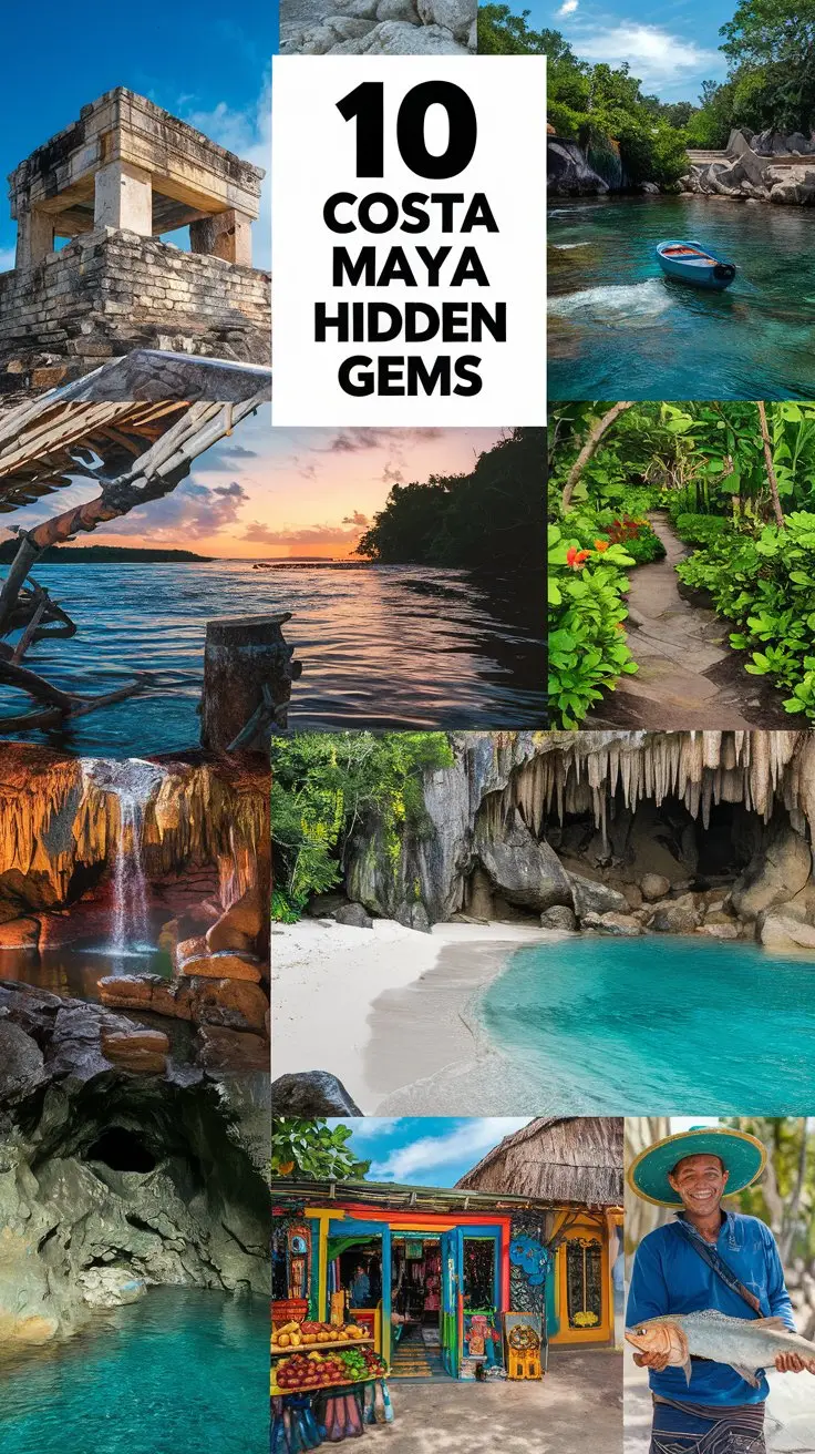 A photo of a collage with vibrant images of 10 Costa Maya hidden gems. There are images of a Mayan ruin with a partially collapsed building, a view of the ocean with a small boat on the water, a river with clear water flowing over rocks, a lush green jungle with a trail, a waterfall with water flowing over rocks into a pool, a beach with white sand and turquoise water, a cave with stalactites and stalagmites, a local market with fresh produce and handicrafts, a colorful building with a thatched roof, and a local man wearing a traditional hat and holding a fish. The text "10 Costa Maya Hidden Gems" is placed in a big white box at the top.