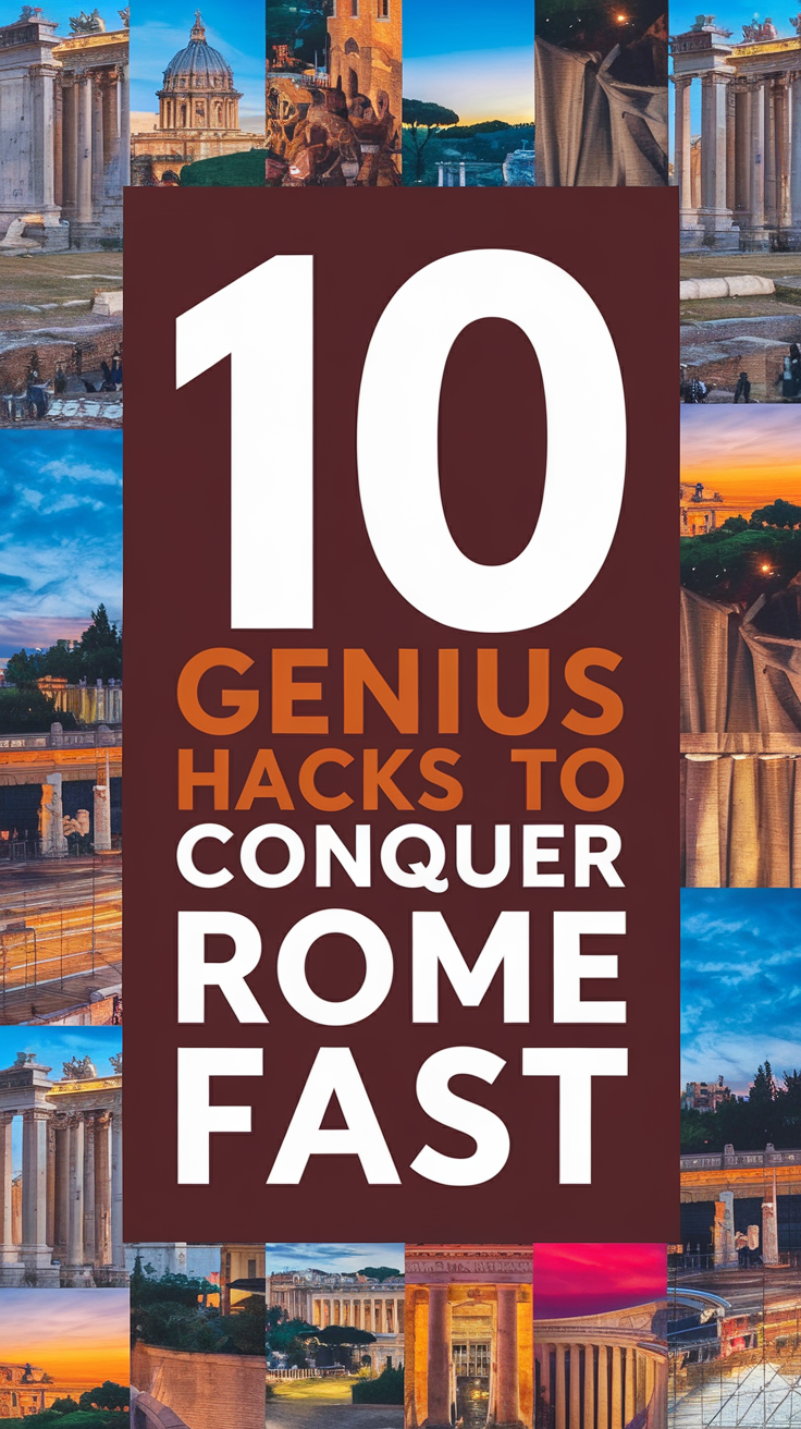 10 Genius Hacks to Conquer Rome Fast, showcased in bold white text over a dark box, surrounded by a vibrant collage of realistic travel imagery, designed to immediately grab attention.
