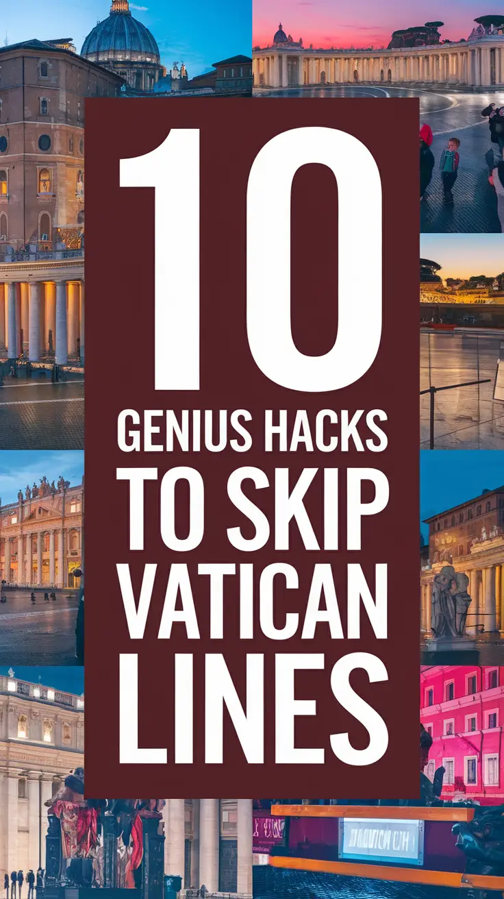 Big text overlay reading "10 Genius Hacks to Skip Vatican Lines" in bold white letters set within a large dark-colored box to grab attention. The design is centered around striking typography with thick, distinctive lettering, surrounded by a vibrant collage of realistic travel-themed images.