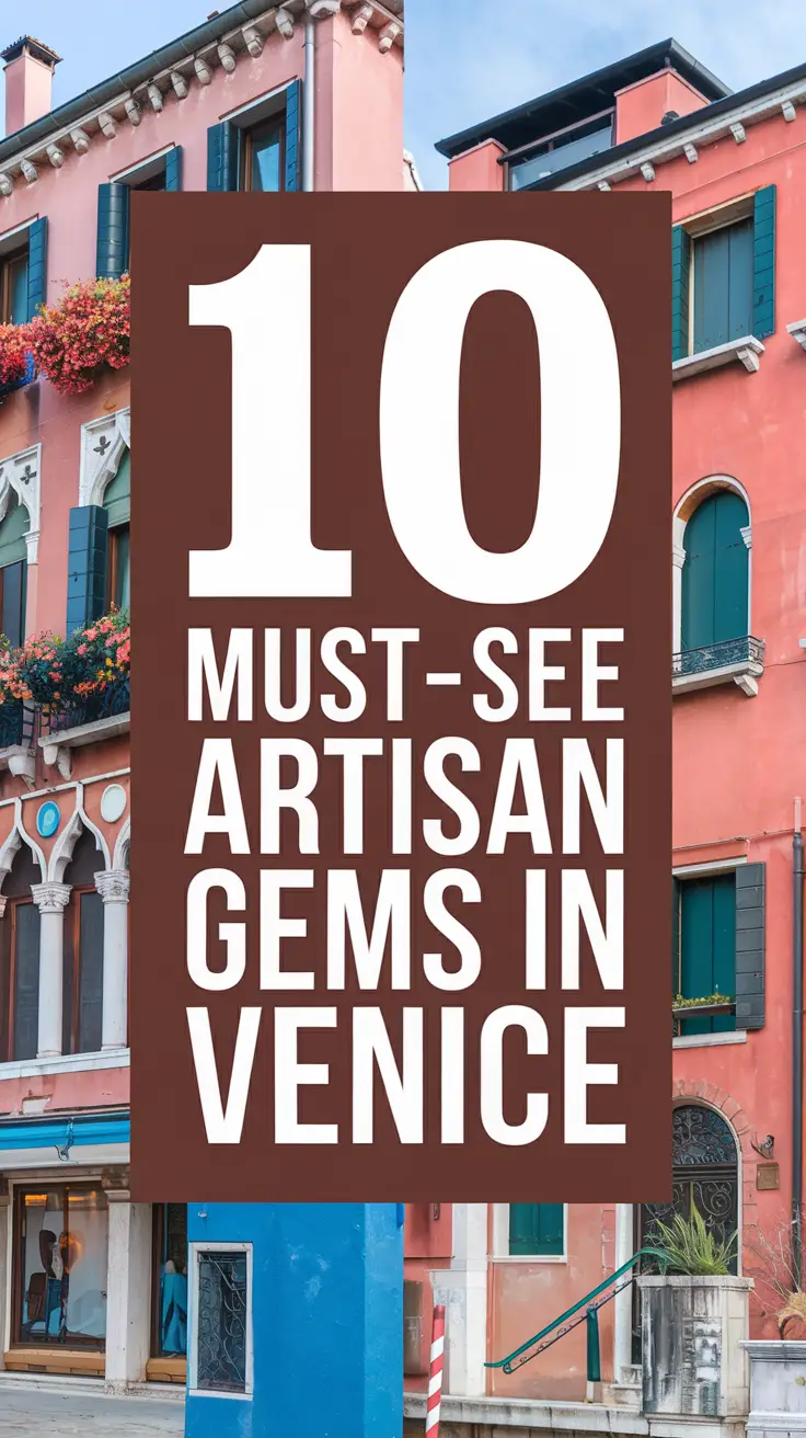 Big text overlay saying: 10 Must-See Artisan Gems in Venice. It's designed to immediately grab attention with its thick, distinctive lettering set prominently in a big dark colored box, utilizing a simple yet striking bold white color for the text. Surrounding this eye-catching typography, a collage of vibrant images.