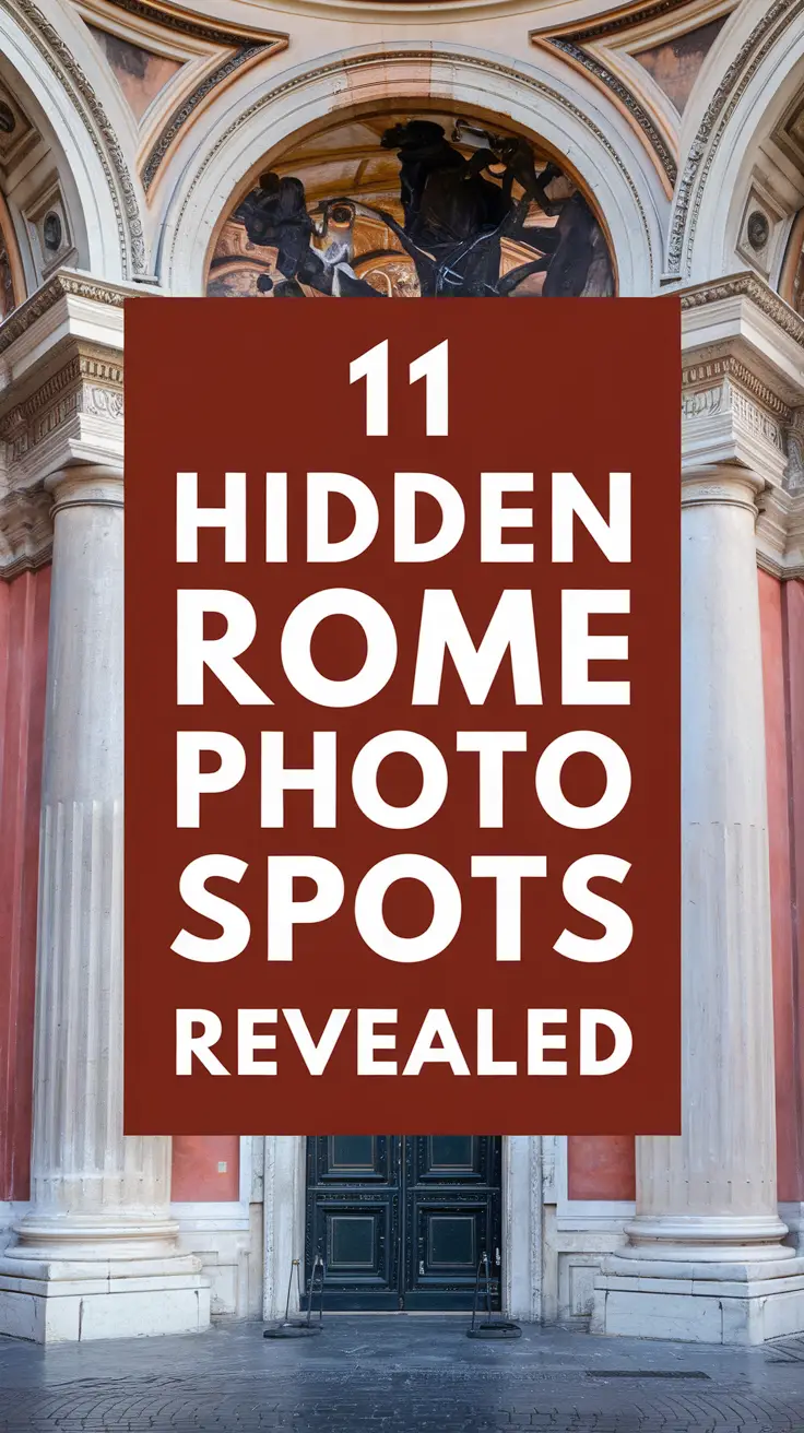Bold white text reading "11 Hidden Rome Photo Spots Revealed" stands out in thick, distinctive lettering within a large dark-colored box, surrounded by a vibrant collage of realistic images showcasing hidden photography locations in Rome.