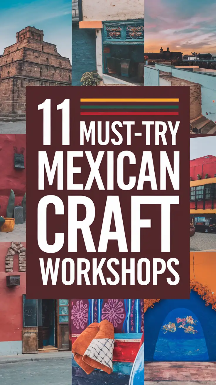 Big text overlay saying "11 Must-Try Mexican Craft Workshops" in bold white lettering on a dark-colored box, surrounded by a vibrant collage of realistic images showcasing traditional Mexican art and craft scenes, designed for eye-catching visual impact.