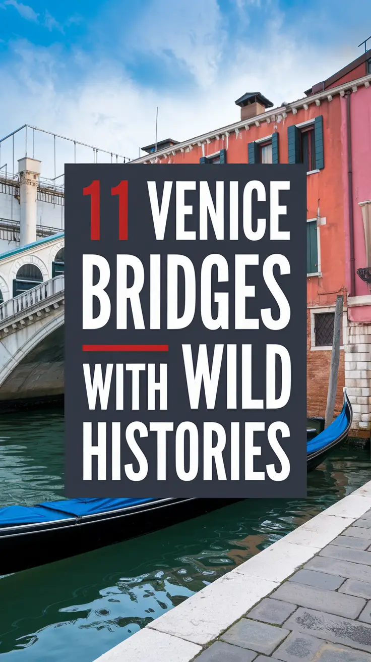 Big text overlay saying: 11 Venice Bridges With Wild Histories. It's designed to immediately grab attention with its thick, distinctive lettering set prominently in a big dark colored box, utilizing a simple yet striking bold white color for the text. Surrounding this eye-catching typography, a collage of vibrant images.