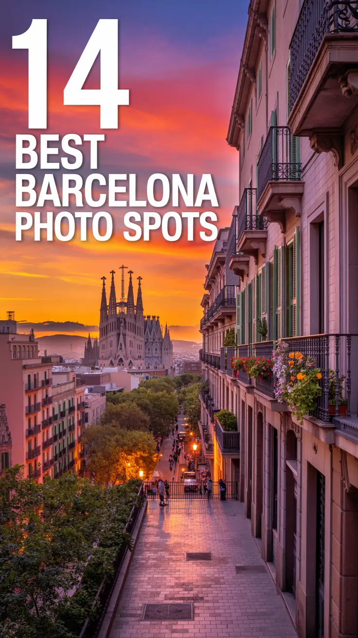 A vibrant travel photography style image showcasing "14 Best Barcelona Photo Spots". The primary focus is a breathtaking sunset view over Barcelona, featuring the iconic Sagrada Familia silhouetted against a fiery orange and purple sky. The foreground shows a charming cobblestone street lined with wrought-iron balconies and vibrant flower boxes, while the warm light casts long shadows and highlights the architectural details. The scene is bathed in a soft, golden light, creating a sense of romance and wonder while the text overlay “14 Best Barcelona Photo Spots” is aligned to the left, in a modern sans-serif font.