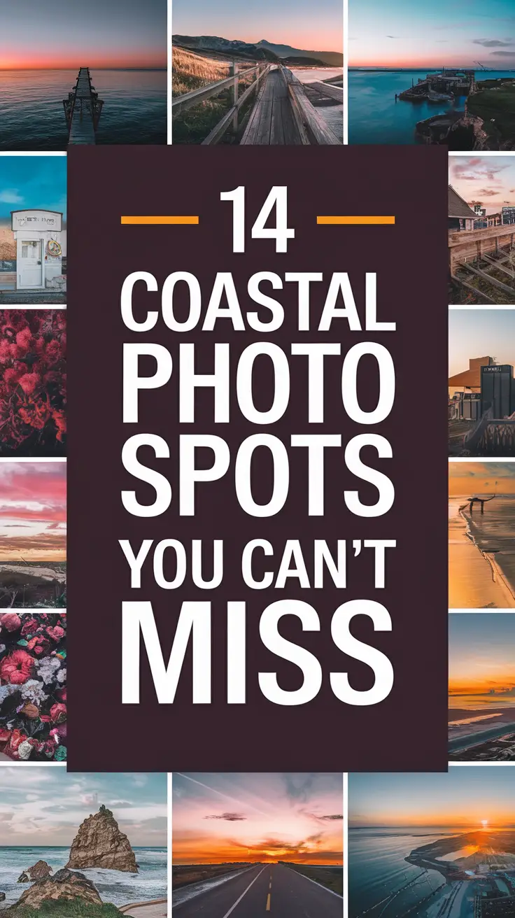 Big text overlay saying: 14 Coastal Photo Spots You Can't Miss. It's designed to immediately grab attention with its thick, distinctive lettering set prominently in a big dark colored box, utilizing a simple yet striking bold white color for the text. Surrounding this eye-catching typography, a collage of vibrant images.