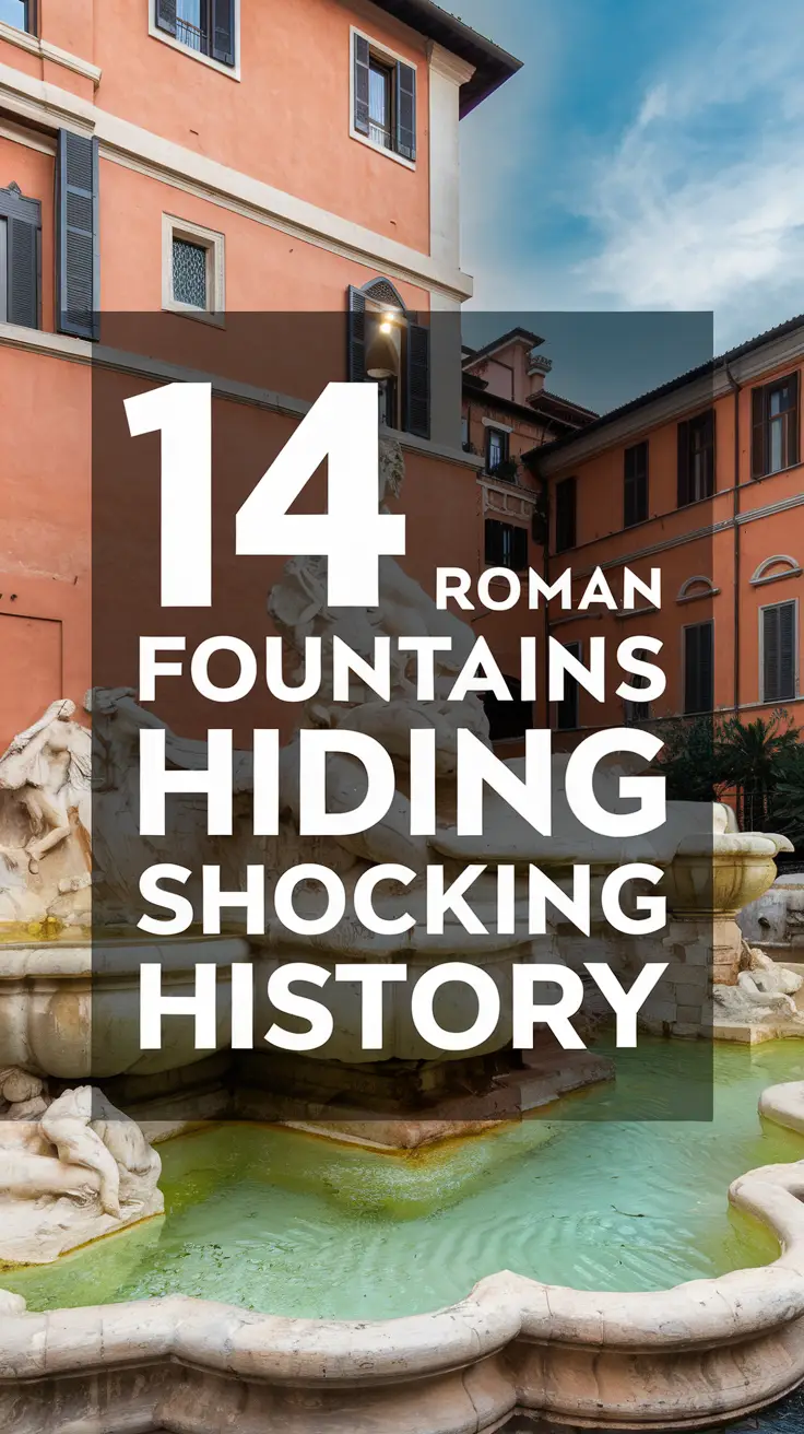 Big text overlay saying: 14 Roman Fountains Hiding Shocking History. It's designed to immediately grab attention with its thick, distinctive lettering set prominently in a big dark colored box, utilizing a simple yet striking bold white color for the text. Surrounding this eye-catching typography, a collage of vibrant images.