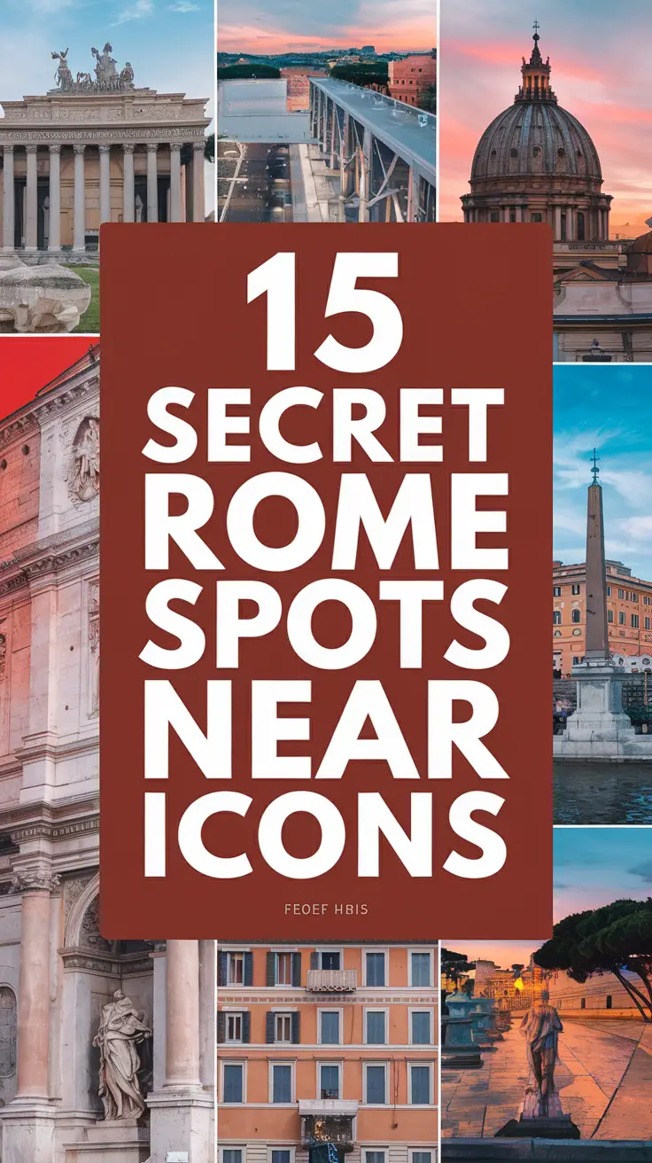 15 Secret Rome Spots Near Icons with bold white text inside a large dark box, designed for maximum visual impact, surrounded by a vivid collage of realistic images showcasing hidden gems and attractions near famous Roman landmarks.