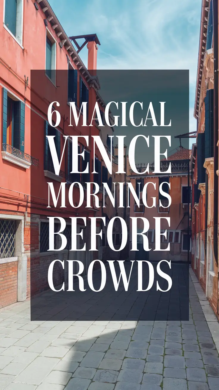 Big text overlay saying: 6 Magical Venice Mornings Before Crowds. It's designed to immediately grab attention with its thick, distinctive lettering set prominently in a big dark colored box, utilizing a simple yet striking bold white color for the text. Surrounding this eye-catching typography, a collage of vibrant images.