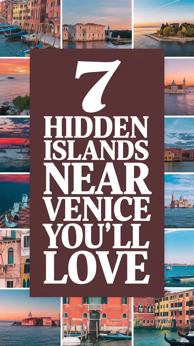 Big text overlay saying: 7 Hidden Islands Near Venice You’ll Love. It's designed to immediately grab attention with its thick, distinctive lettering set prominently in a big dark colored box, utilizing a simple yet striking bold white color for the text. Surrounding this eye-catching typography, a collage of vibrant images.