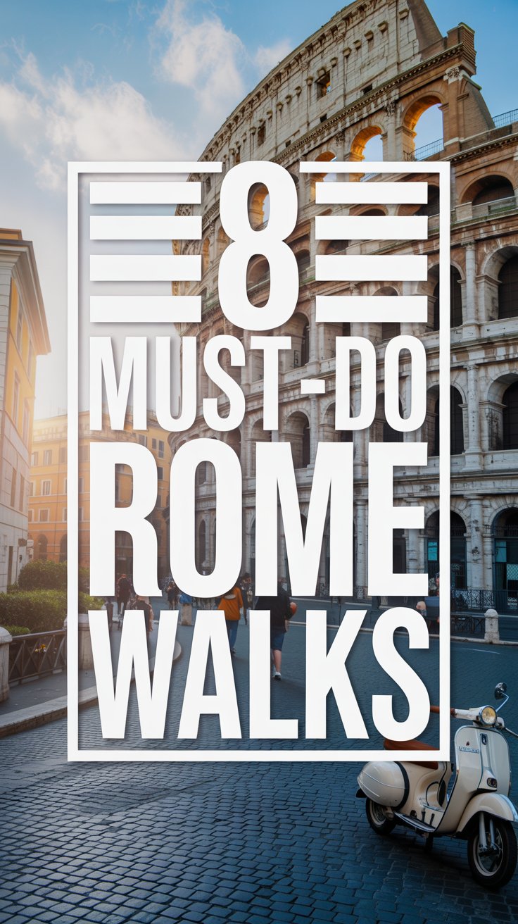 A vibrant travel poster showcasing "8 Must-do Rome Walks" in bold, striking white lettering encased within a large, rectangular box. The box is layered over a captivating collage of iconic Roman scenes – the Colosseum, the Trevi Fountain, and a charming cobblestone street with vespas, all captured with a slightly vintage, film-like aesthetic. Soft, diffused sunlight bathes the scene, creating a warm, inviting atmosphere, with the collage elements overlapping to convey a sense of discovery and adventure. The overall composition is dynamic and energetic, designed to immediately grab attention and inspire wanderlust.