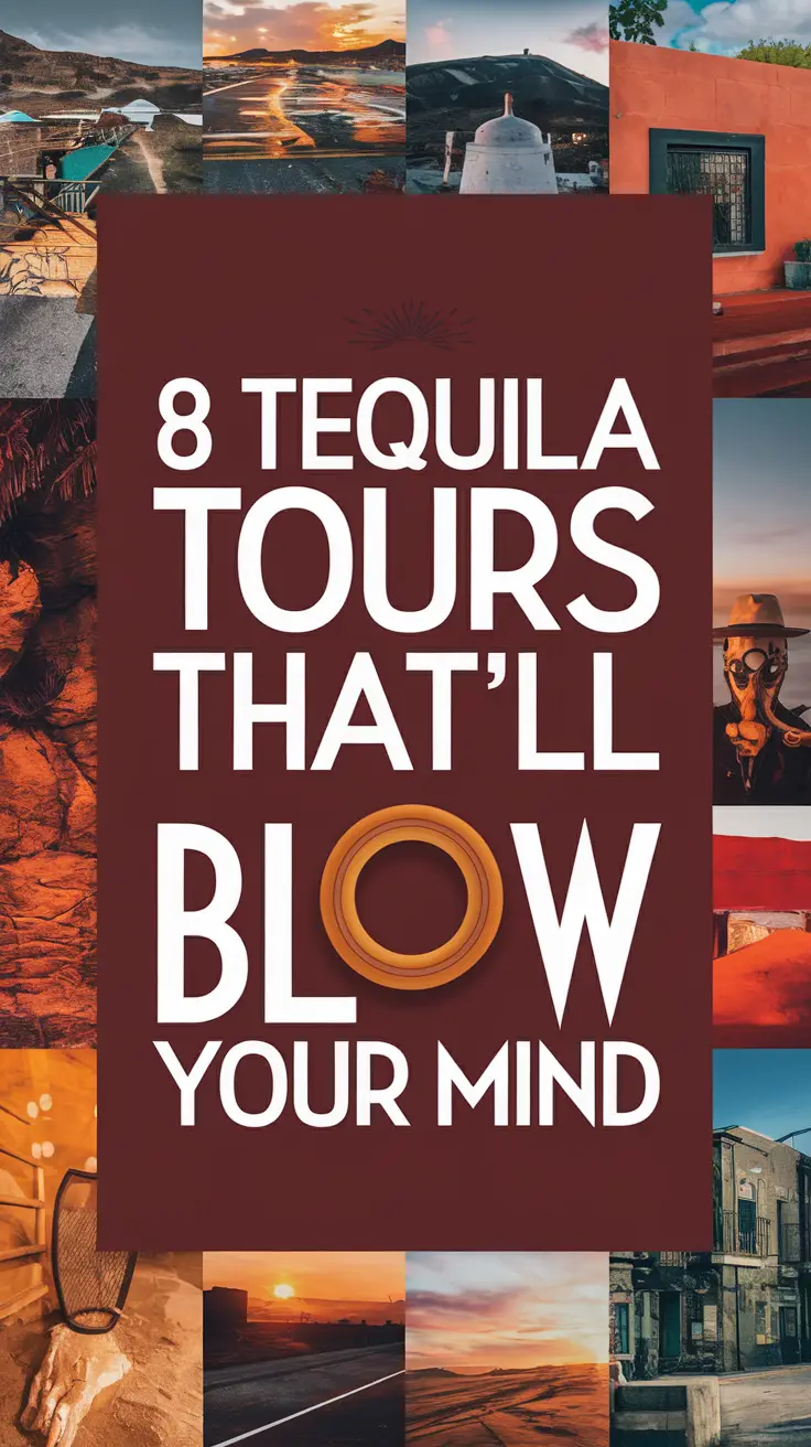 Big text overlay saying: 8 Tequila Tours That’ll Blow Your Mind. It's designed to immediately grab attention with its thick, distinctive lettering set prominently in a big dark colored box, utilizing a simple yet striking bold white color for the text. Surrounding this eye-catching typography, a collage of vibrant images.