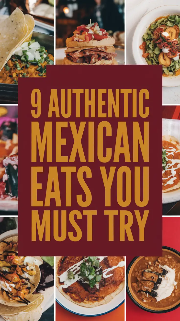 Big text overlay saying: 9 Authentic Mexican Eats You Must Try, set in bold white lettering within a large dark-colored box to grab attention, surrounded by a collage of vibrant, realistic images of Mexican dishes.