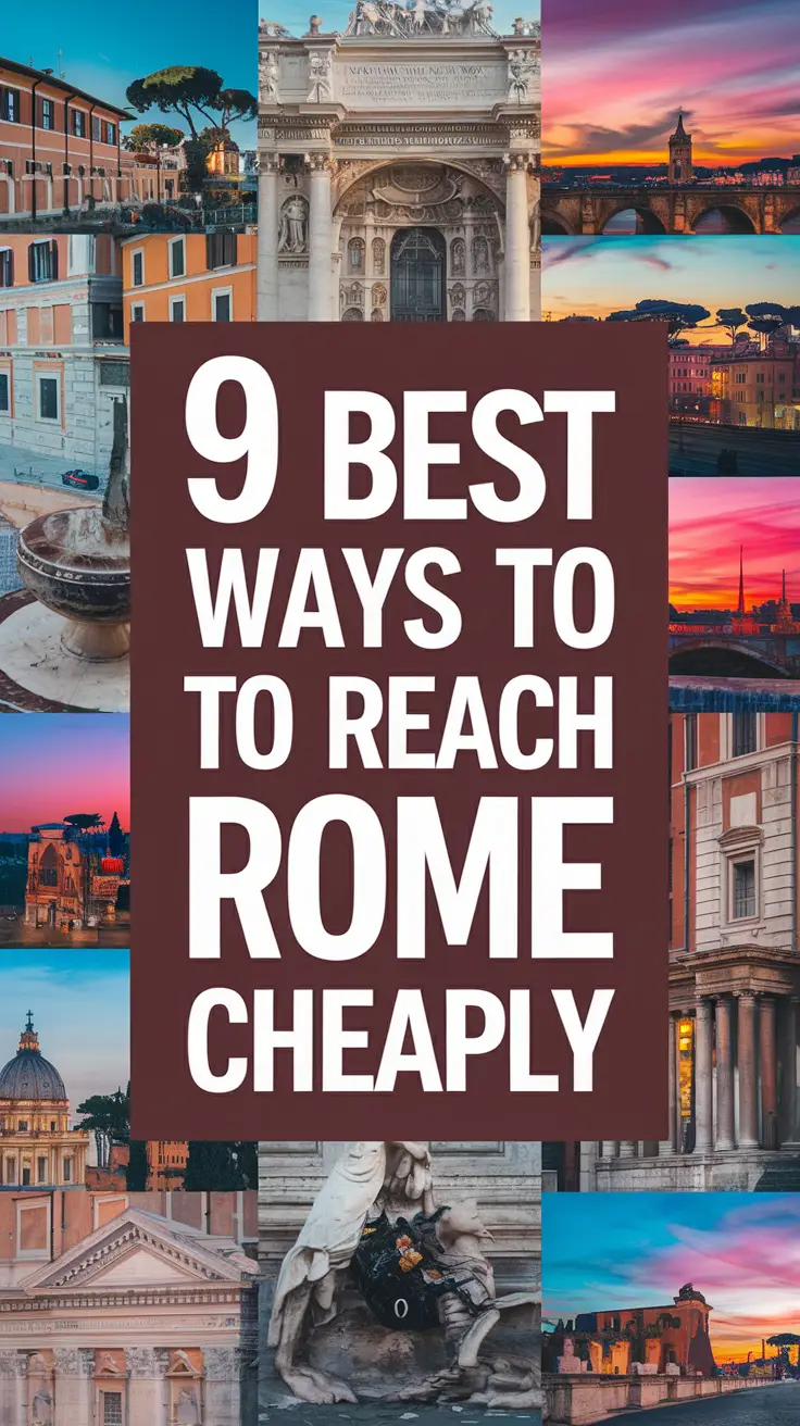 Big text overlay saying: 9 Best Ways to Reach Rome Cheaply. It's designed to immediately grab attention with its thick, distinctive lettering set prominently in a big dark colored box, utilizing a simple yet striking bold white color for the text. Surrounding this eye-catching typography, a collage of vibrant images.