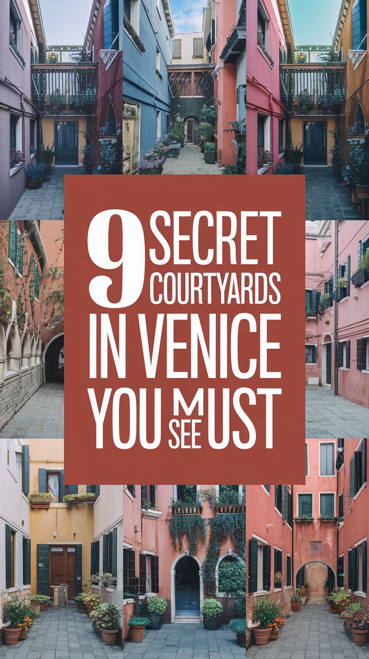 Big text overlay: "9 Secret Courtyards In Venice You Must See". It's designed to immediately grab attention with its thick, distinctive lettering set prominently in a big box, utilizing a simple yet striking bold white color for maximum visibility. Surrounding this eye-catching typography, a collage of vibrant images. No other text.