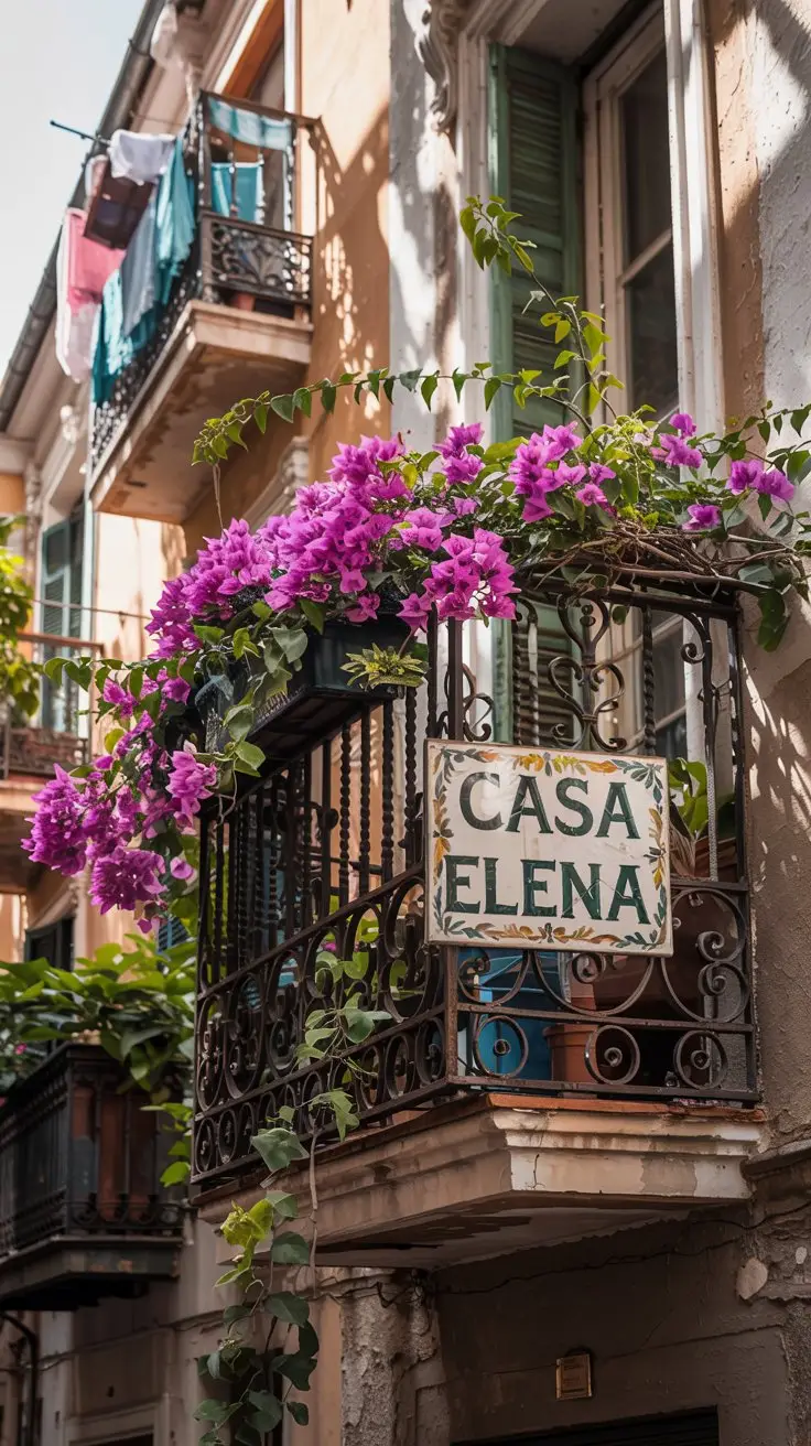 A curling wrought-iron balcony, a cascade of fuchsia bougainvillea, sunlight slanting just so