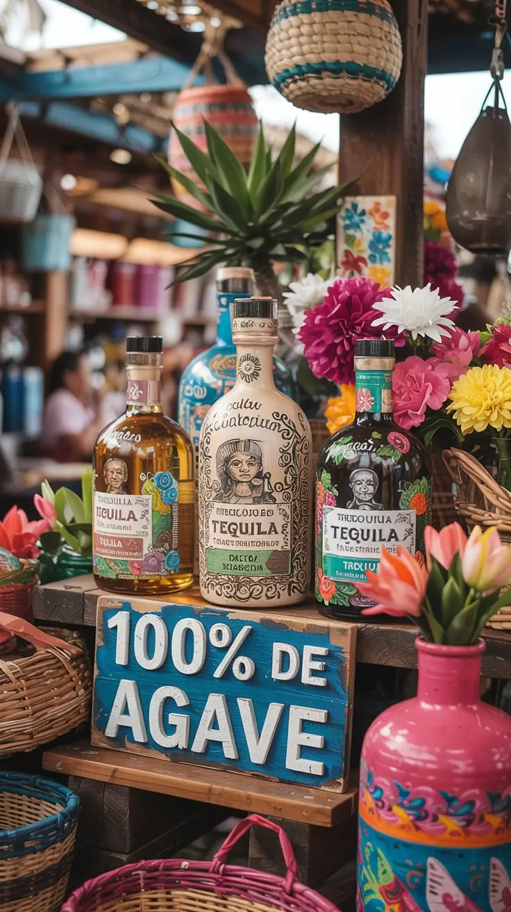 A vibrant market scene in Cozumel with hand-painted tequila bottles