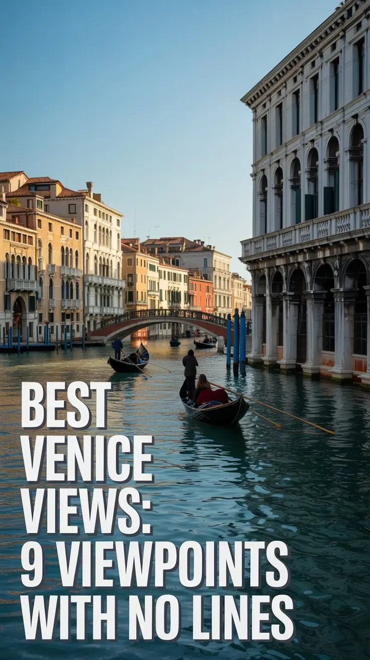 A stunning photograph of Venice's iconic Grand Canal at golden hour, with gondolas gliding past ornate Renaissance palazzos reflected in the shimmering water. The scene captures the romantic essence of the floating city, with weathered stone bridges arching gracefully over the canal and warm amber light dancing on the ancient facades. In the foreground left, bold white text with a subtle drop shadow reads "Best Venice Views: 9 Viewpoints With No Lines" against the dreamy Venetian backdrop. The composition balances the architectural grandeur of Venice with clear, readable typography that guides the viewer's eye across this timeless Italian landscape.
