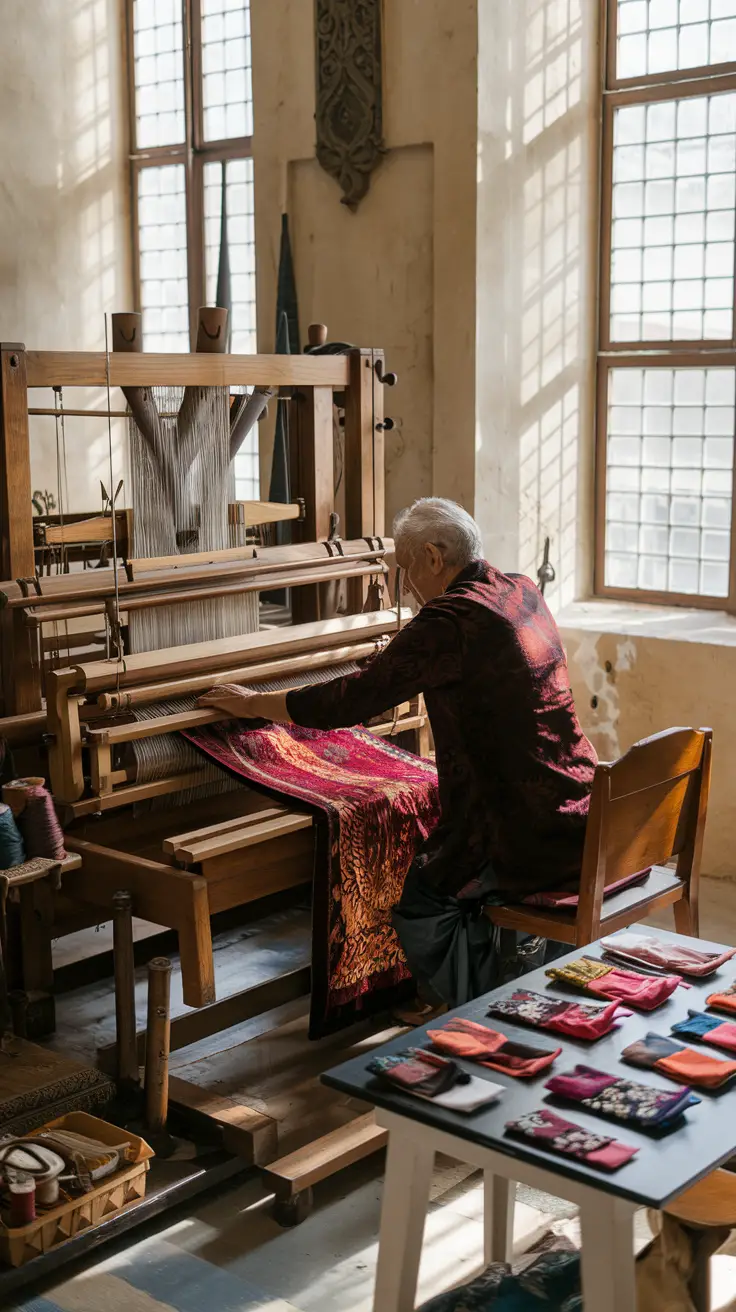 An historic textile workshop where master weavers produce lush velvets on antique looms for royalty, with small accessories available for purchase from fabric remnants.