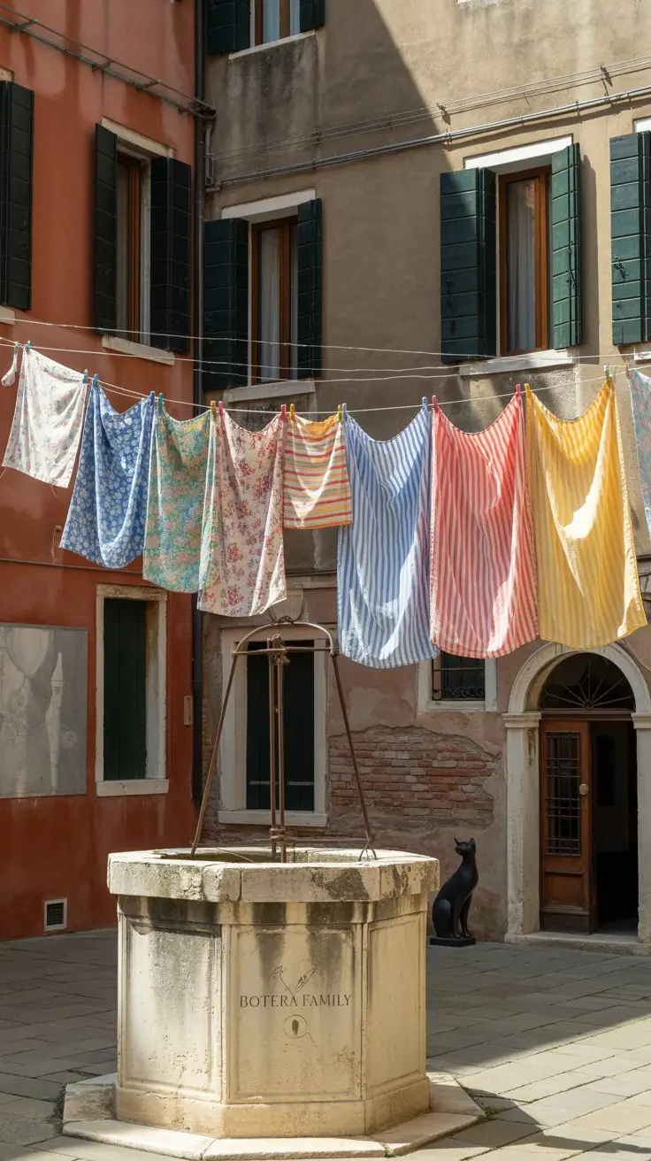A photograph of colorful laundry sheets and patterned kitchen aprons gently swaying in the breeze across a quaint Venetian courtyard. The cloths are a mix of floral prints, stripes, and gingham, hanging from a weathered wooden clothesline strung between two ancient stone buildings. In the courtyard's center stands a weathered stone well, its surface etched with the faded insignia "Botera family", while a small, sleek black cat statue sits patiently near the arched doorway. Soft, diffused sunlight illuminates the scene, casting long shadows and highlighting the textures of the stone and fabric.